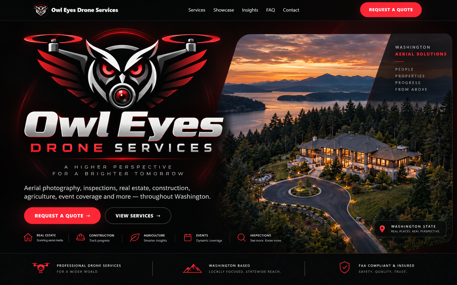 Owl Eyes Drone Services hero graphic featuring owl logo, drone branding and aerial estate imagery
